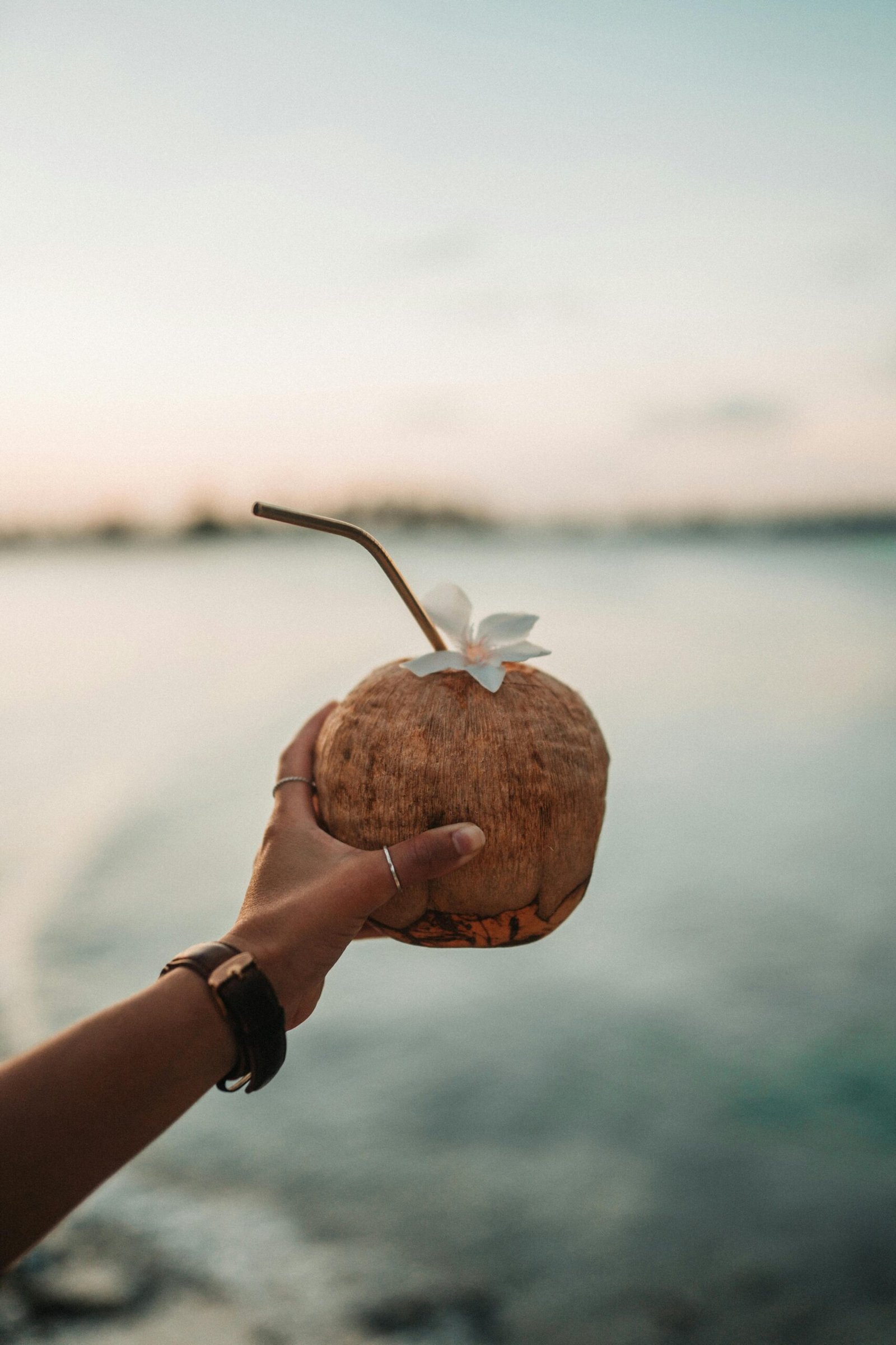 A hand holding a fresh coconut with a straw near a serene beach in Zanzibar at sunset.