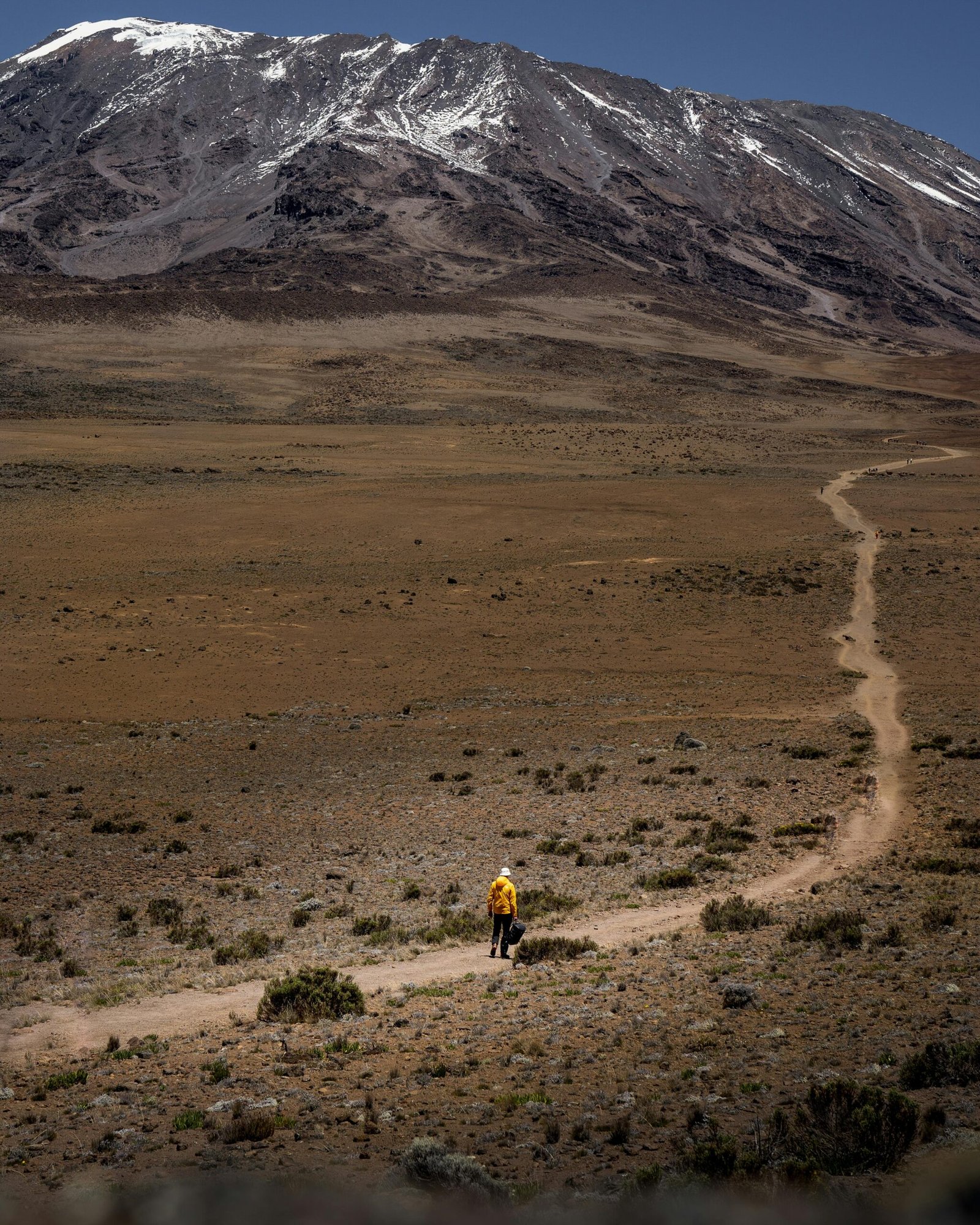 Lone hiker traversing the vast landscape of Mount Kilimanjaro under a clear sky.